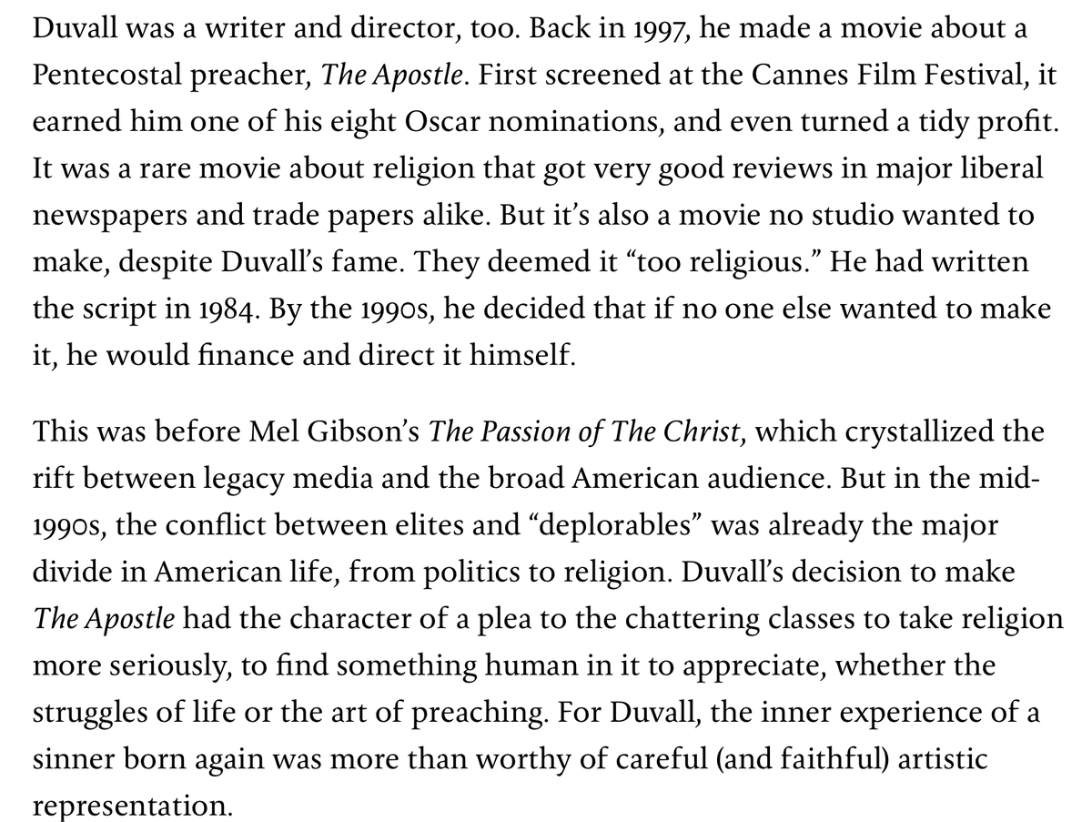 I wrote for <a href="/firstthingsmag/">First Things</a> about Robert Duvall's evangelical story, The Apostle, in which he plays a charismatic Pentecostal preacher on the lam. It's as good as it sounds!