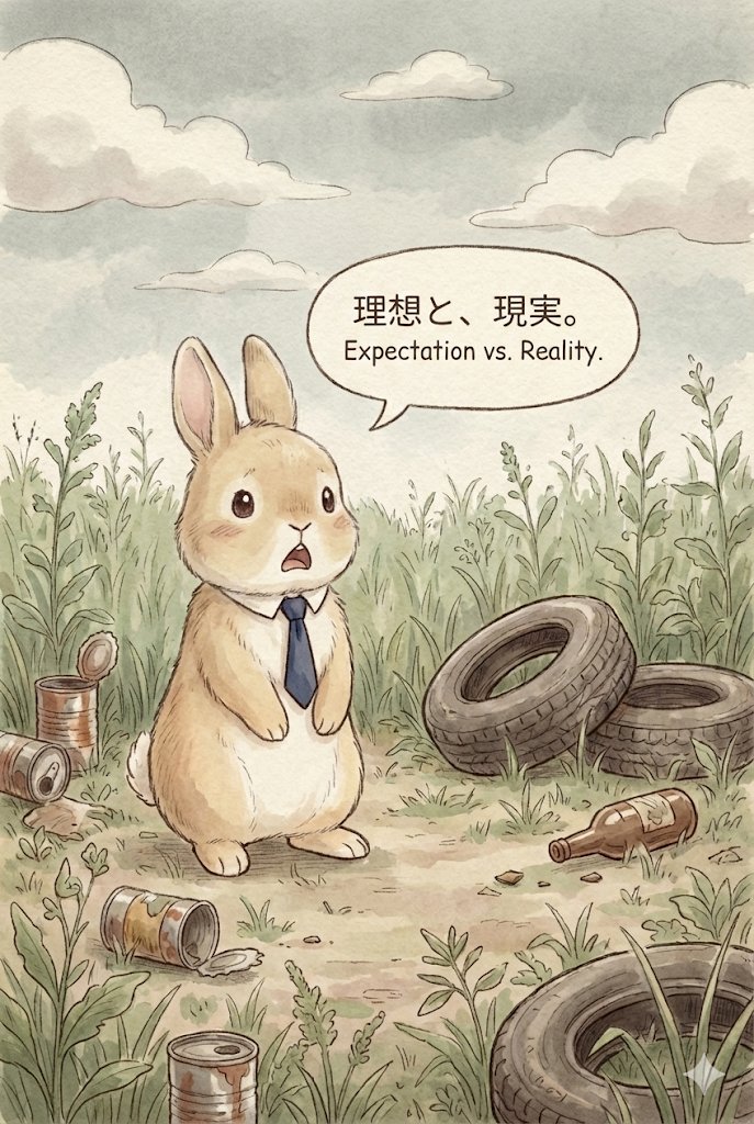 paradise4rabbit's tweet photo. うさぎのらくえん
第2話「理想の地図、現実はゴミ捨て場」
Episode 2: The Map and the Junkyard

地図をひろげて、わくわくしながら歩いた道。 たどりついた場所は、雑草とゴミだらけの「あきち」でした。

「ここが、僕のらくえんになるの？」 理想と現実のあいだで、テオは立ちすくみます。

夢をみるのはタダだけど、土地はそうじゃありませんでした。🐰🌱

#うさぎのらくえん