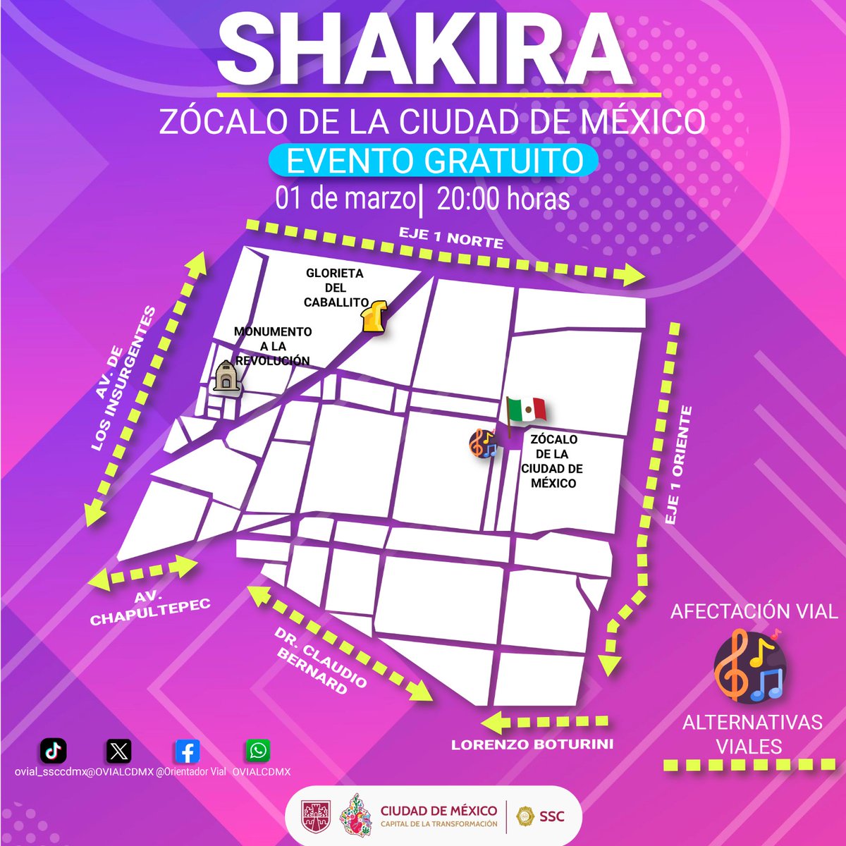 🎤✨ Este domingo 1° de marzo a las 20:00 h, <a href="/shakira/">Shakira</a> llega al Zócalo para ofrecer un concierto totalmente gratuito. 💃🪩

👉🏼 Anticipa tu salida para evitar cualquier contratiempo y consulta las alternativas viales con <a href="/OVIALCDMX/">OVIAL_SSCCDMX</a> y la <a href="/SSC_CDMX/">SSC CDMX</a> para planear tu ruta. 📍