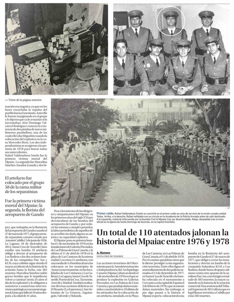 ¿Sabías que #TalDíaComoHoy de 1978 el #MPAIAC asesinó en San Cristóbal de La Laguna (Tenerife) al artificiero de la <a href="/policia/">Policía Nacional</a> Rafael Valdenegro? Al ver que la bomba estaba colocada en una ventana en la que se asomaban tres niños se apresuró a alejarla del lugar.
#impune

🧵
