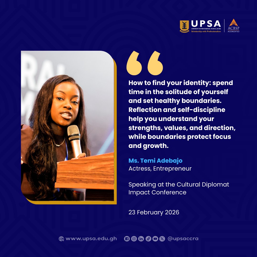upsaccra's tweet image. In solitude, find your identity and set boundaries for growth. Thanks, @TemiAdebajo! #CulturalDiplomatImpactConference26 #TemiAdebajo #SelfDiscovery #Identity #Boundaries #Reflection #PersonalGrowth #Mindfulness #Leadership #Actress #Entrepreneur #Focus #GrowthMindset