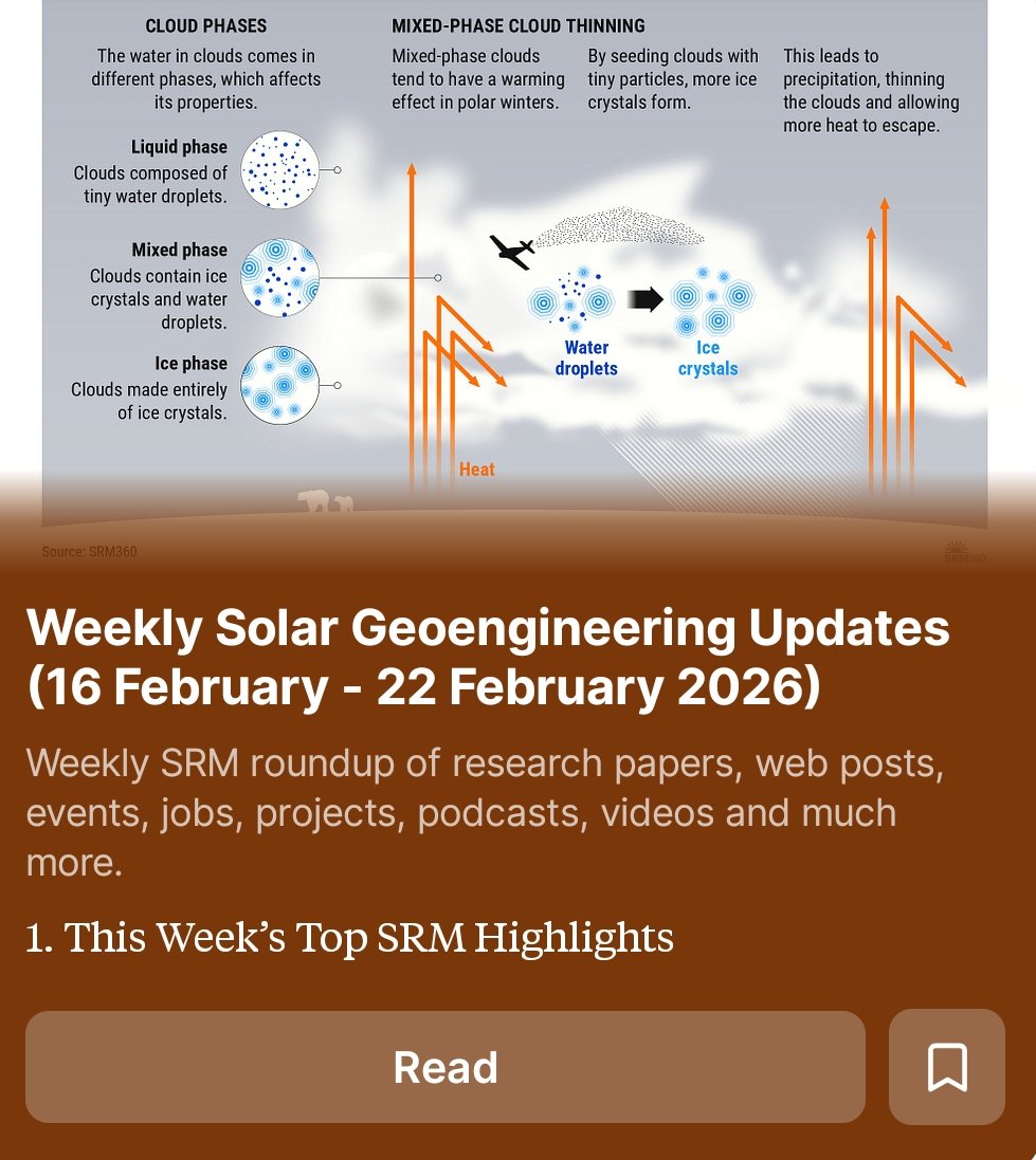 geoengineering1's tweet image. 🚨🗞️Weekly #SolarGeoengineering Updates (16-22 February 2026)🗞️🚨

🔗Read the full newsletter here:
…largeoengineeringupdates.substack.com/p/weekly-solar…

𝗧𝗼𝗽 𝗛𝗶𝗴𝗵𝗹𝗶𝗴𝗵𝘁𝘀:

𝗥𝗲𝘀𝗲𝗮𝗿𝗰𝗵 𝗣𝗮𝗽𝗲𝗿: The Liability of Greenhouse Gas Emitters for Harm Due to Solar Geoengineering (Taylor &amp;amp; Francis)