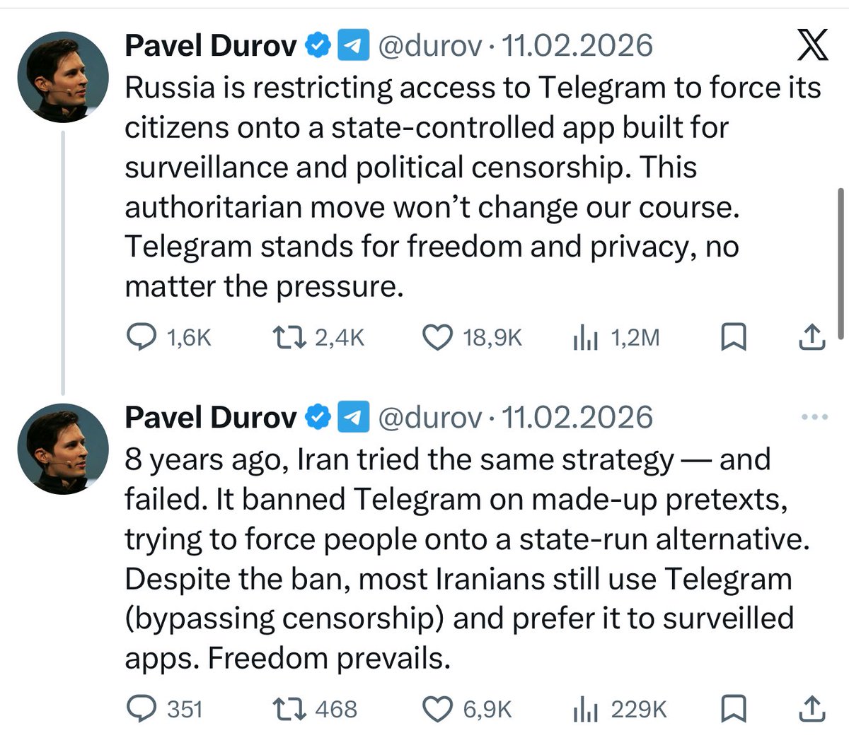 On Feb 10, Pavel Durov <a href="/durov/">Pavel Durov</a> said: ‘Russia is restricting access to Telegram, trying to push citizens toward a state-controlled surveillance and censorship app.’

Feb 24 - a criminal case is opened against him for allegedly aiding terrorism.

Two weeks later. Just a coincidence,