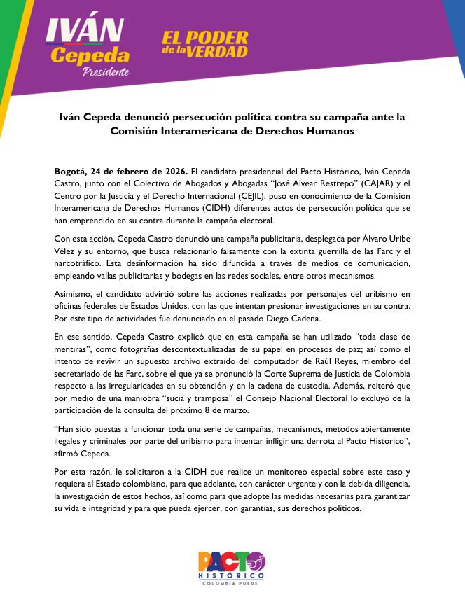 DENUNCIÉ ANTE LA CIDH LA PERSECUCIÓN POLÍTICA DEL URIBISMO CONTRA MI CAMPAÑA

Hemos radicado ante la Comisión Interamericana de Derechos Humanos una comunicación para advertir sobre la campaña publicitaria desplegada en mi contra para difundir información falsa en medios de