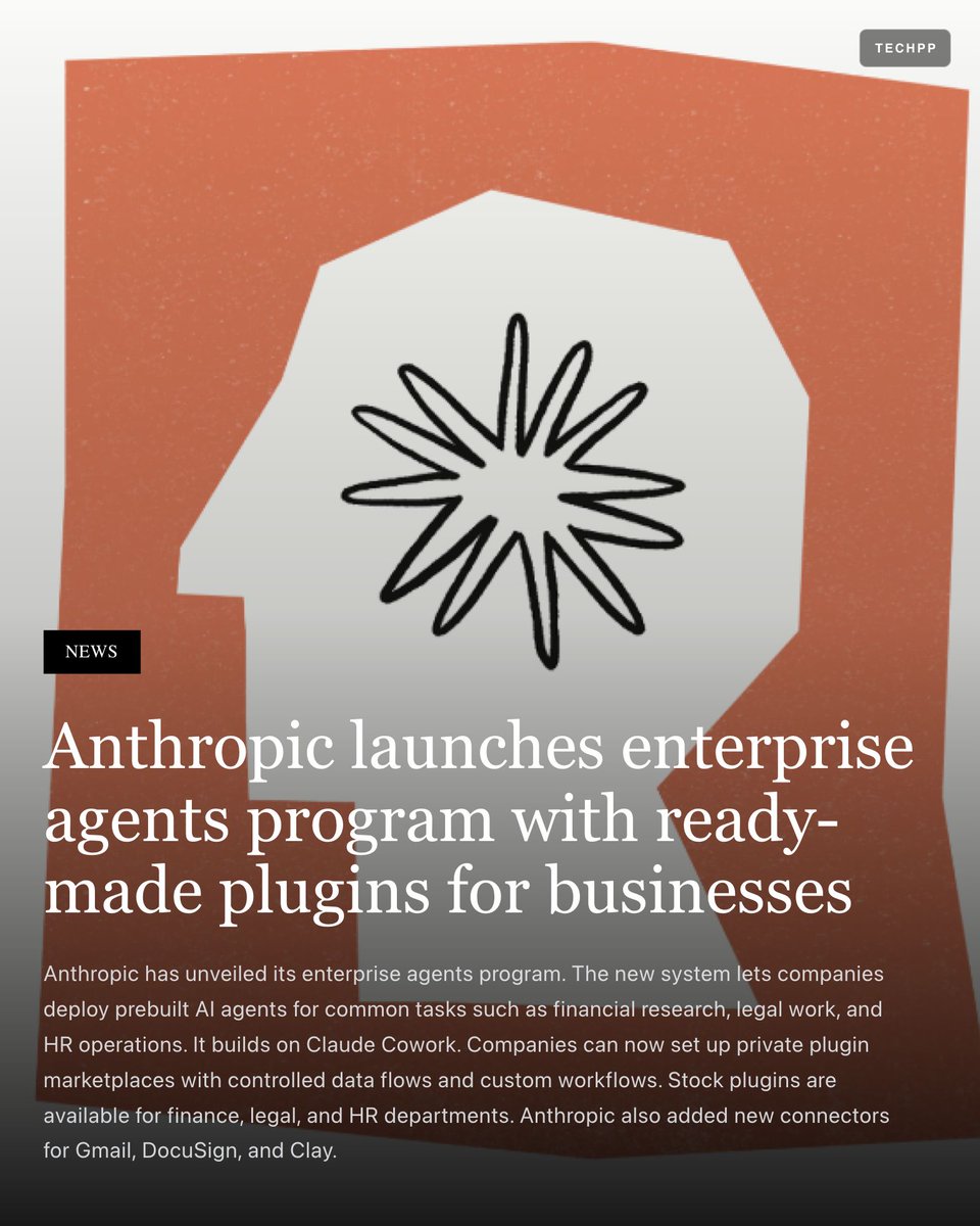 techpp's tweet image. Anthropic launches enterprise agents program with ready-made plugins for businesses

#Anthropic #Claude #Enterprise #AI #Cowork #Plugins #Agents