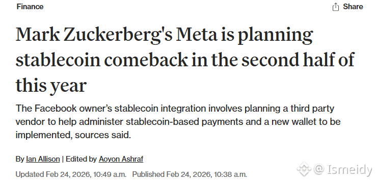 #Zuckerberg Strikes Back! 
#Meta to Integrate #Stablecoins into #Facebook, #WhatsApp, and #Instagram Before the End of 2026

The Giant Returns to the On-Chain Economy

Meta is not giving up on digital assets. After the failed attempt to launch its own currency (Diem), Mark
