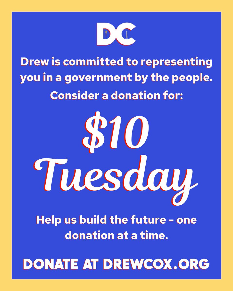 officialdrewcox's tweet photo. Happy 10 dollar Tuesday!

A chance for you to directly contribute to an entirely grassroots-funded campaign. No corporate PACs, no ultra-wealthy donors. Just a campaign powered by the people, for the people. 

Consider donating today at https://t.co/stVCz1grwH.

#dc4dc
#drewcox26 https://t.co/JGTMQgBFuu