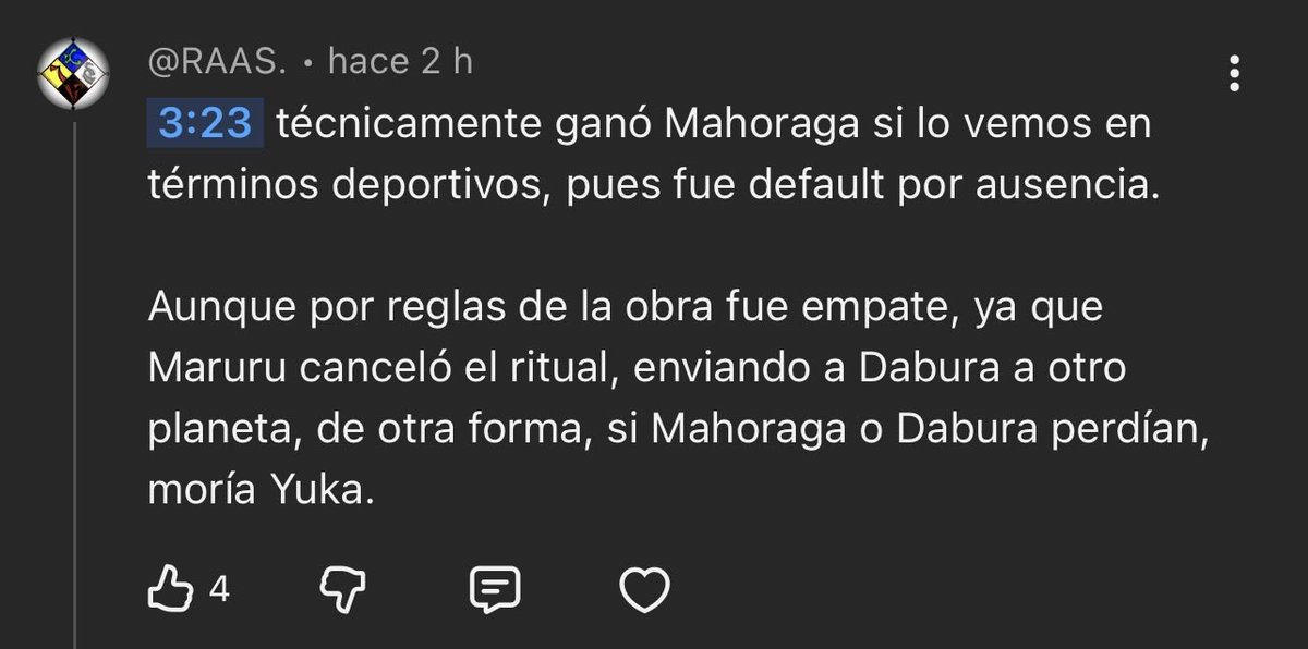 “Mahoraga ganó en términos deportivos”

Comentario absolutamente chad, todos los fans del Mojabragas (yo incluido) buscando las formas de dejarlo como sea en el mejor lugar, me encanta esto.