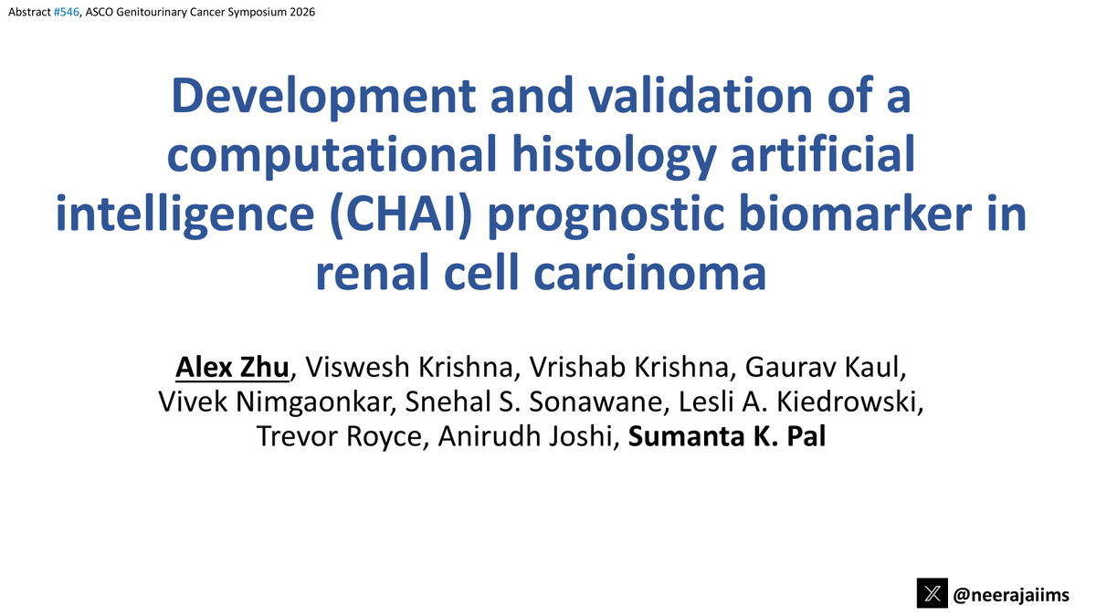 neerajaiims's tweet photo. Ab#546 @ASCO #GU26 by @alexzhuDO👉https://t.co/HdkdetBrX4👉AI-derived digital pathology biomarker (CHAI) independently prognostic for progression &amp; OS in localized RCC #kidneycancer👉 further validation needed👇@montypal @OncoAlert @urotoday @KidneyCAN https://t.co/C4VAlzNH7R