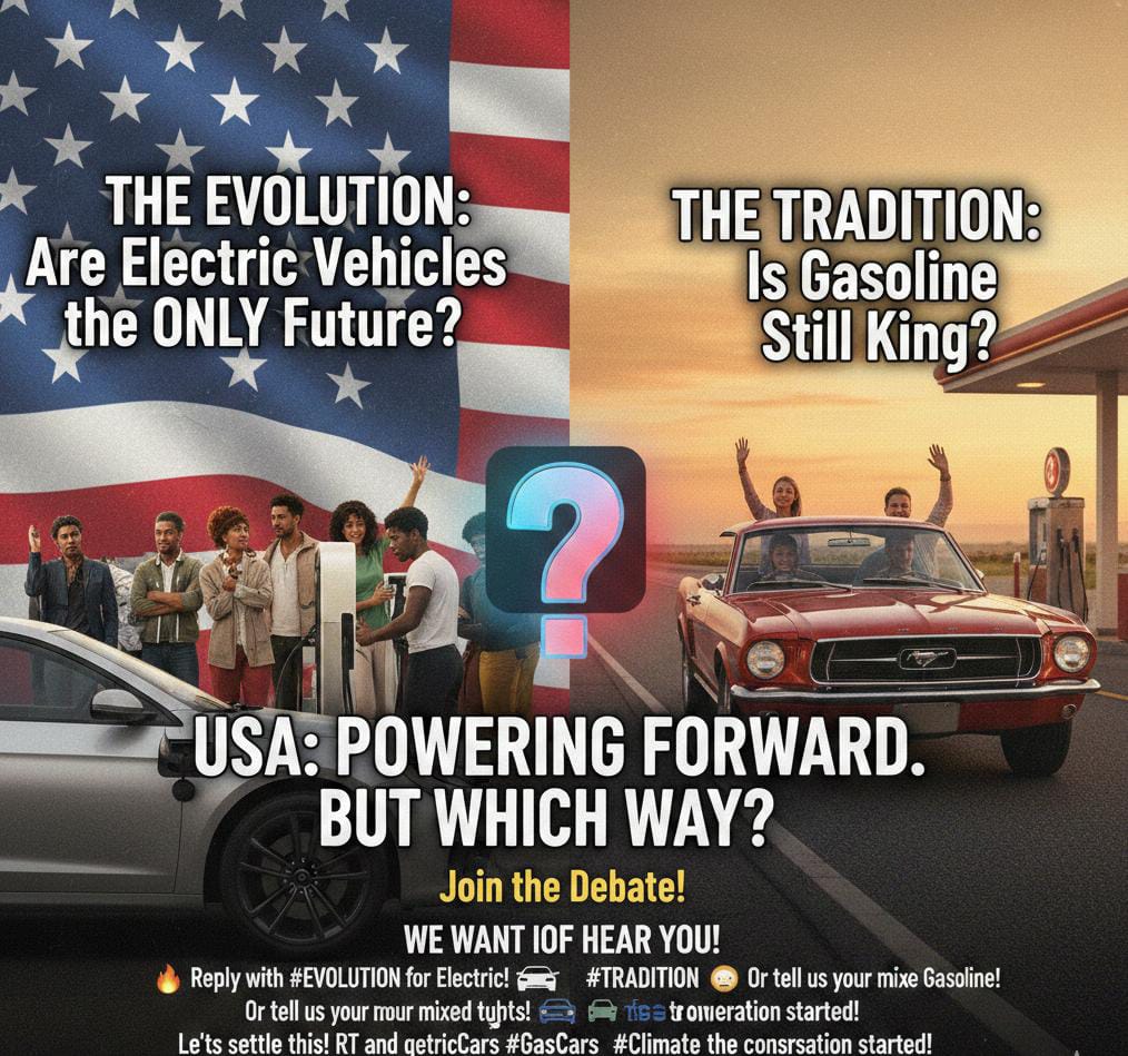 USA: POWERING FORWARD. BUT WHICH WAY? 🇺🇸⚡️⛽️
The Evolution: Are Electric Vehicles the ONLY future? Or is The Tradition of Gasoline still King?
This isn't just about cars, it's about infrastructure, jobs, freedom, and the American way of life.
🔥 Reply with #EVOLUTION for