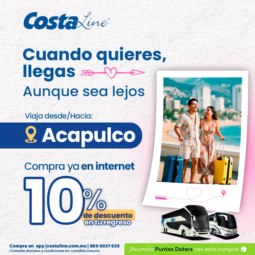 💙✨ Cuando quieres, llegas… aunque sea lejos.

Escápate a Acapulco y disfruta el viaje con CostaLine 🌊🚌
Compra en internet y obtén 10% de descuento en tu regreso.

Adquiere tus boletos en 👉 costaline.com.mx o descarga la App y viaja cuando tú quieras