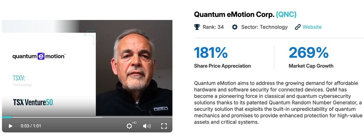 Huge congratulations to <a href="/QEM_Corp/">Quantum eMotion</a> on being named to the 2026 TSX Venture 50 👏
Official ranking:
money.tmx.com/venture50

With $QNC preparing to trade on NYSE American, institutional capital is recognising the importance of quantum-resilient randomness.

That same QRNG foundation