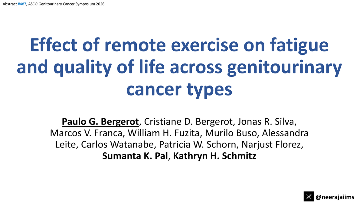 neerajaiims's tweet photo. Ab#487 @ASCO #GU26👉Congrats @PauloBergerot &amp; team👉https://t.co/82JS2XRP97👉participation in remote exercise program was associated w/⬆️QOL (&amp; decreased fatigue) in pts w/ metastatic GU cancers 👇@montypal @crisbergerot @OncoAlert @urotoday @KidneyCAN https://t.co/2DdwdUOPef
