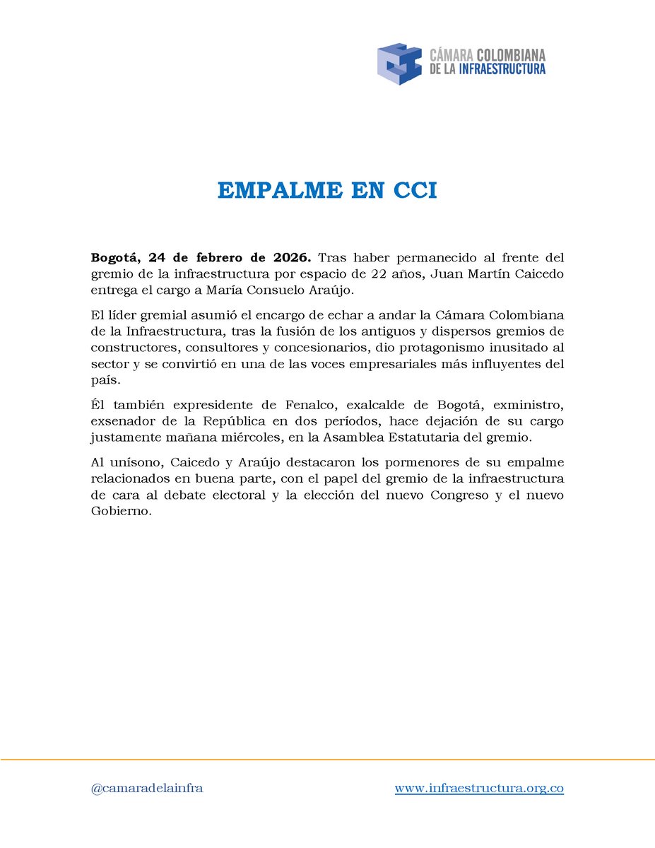 🚨Comunicado de prensa: Empalme en la CCI 
Tras haber permanecido al frente del gremio de la infraestructura por espacio de 22 años, Juan Martín Caicedo entrega el cargo a María Consuelo Araújo.