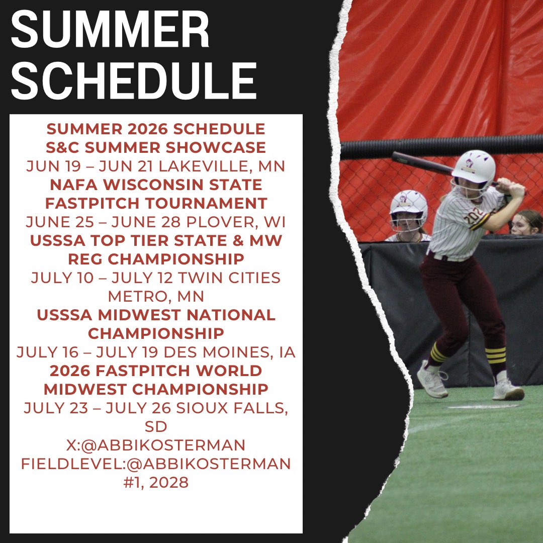 AbbiKosterman's tweet photo. Here is my summer softball schedule! https://t.co/fnZPlCliTc
