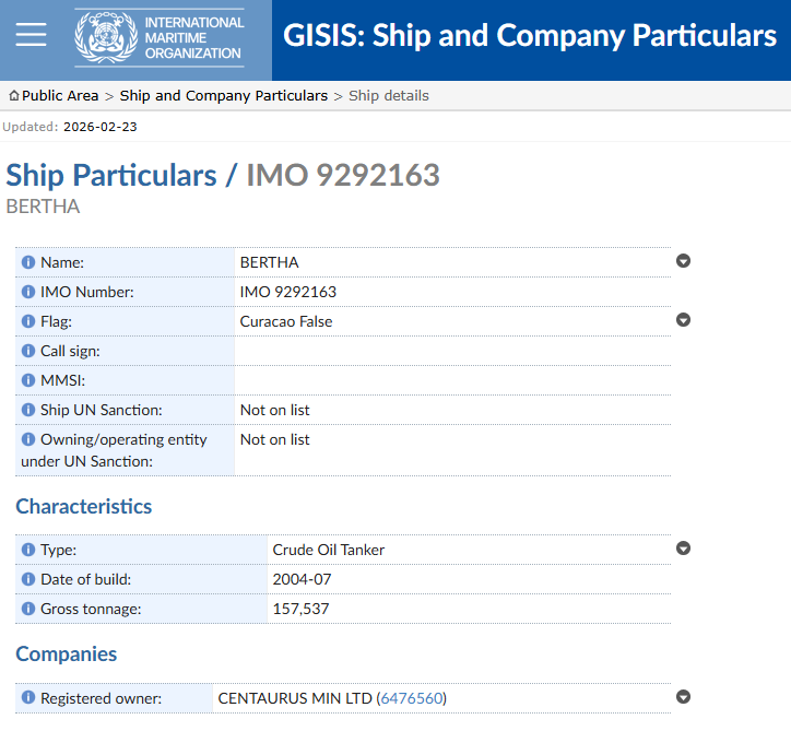 supbrow's tweet photo. Correction: according to @IMOHQ GISIS, this BERTHA (9292163) is falsely flagged as Curacao🇨🇼, and therefore a Stateless vessel.  On AIS, it is claiming to show the 🇨🇰Cook Islands flag, but Cook Islands removed it in 2024. https://t.co/xCg7Bcb9fw