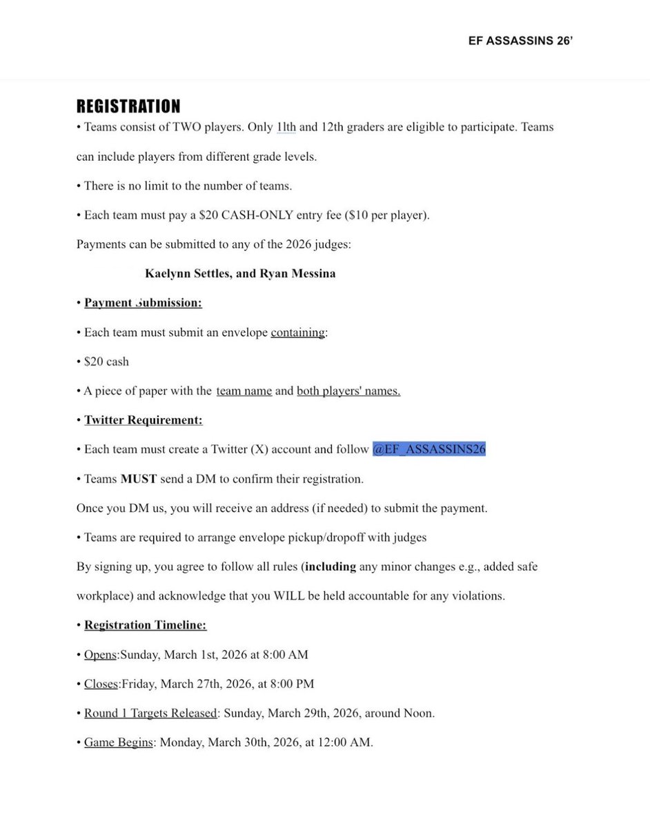 EF_ASSASSINS26's tweet photo. Assassins Registaration,Rules, and Safe Zones‼️ Make sure y’all Sign Up!! March 1st save the date‼️ https://t.co/i3eq1dvc7n