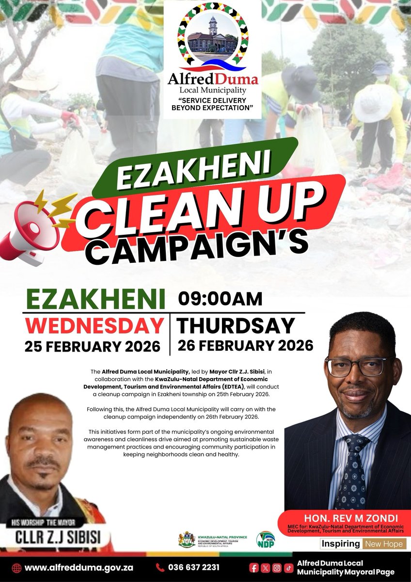 *EZAKHENI CLEAN-UP CAMPAIGN PROGRAM*

🔊🔊 Tomorrow, the Alfred Duma Local Municipality, led by Mayor Cllr Z.J Sibisi in collaboration with KZN Department of Economic Development, Tourism and Environmental Affairs, will conduct a clean up campaign in Ezakheni areas.
