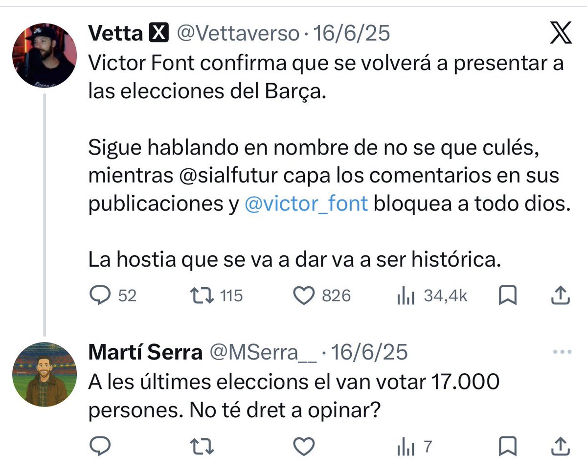 Riure per no plorar <a href="/NosaltresFCB/">Nosaltres Barça</a> 

Perfil de Martí Serra (denunciant a l’AN) creat el juny del 2025 i només 57 seguidors en 9 mesos 

El seguidor núm. 8 és en Joan FONTES aka DONGCAST, i el seguidor 35 és en <a href="/victor_font/">Víctor Font</a>.

Té 1.000 interaccions a Twitter i les 10 primeres son