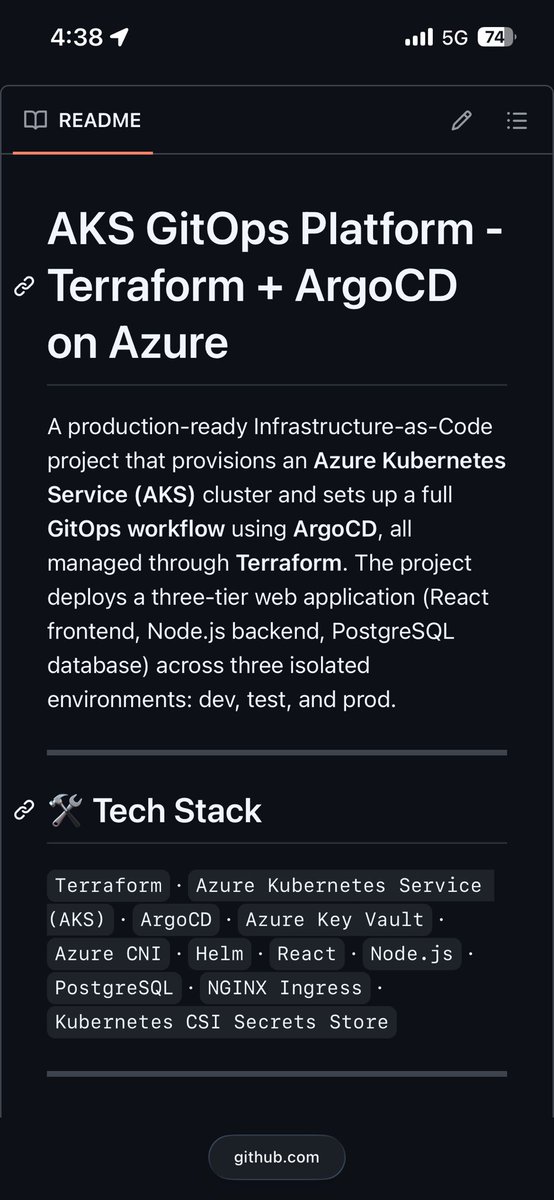 raheem4L's tweet photo. built a GitOps platform on azure. infra that provisions itself, deploys itself and heals itself 🙂‍↕️

Terraform + AKS + ArgoCD + Helm + Azure Key Vault.

three isolated environments: dev, test, prod. Git is the only operator.

🔗 github repo: https://t.co/FYh5TtmjQn https://t.co/hzlLoPYLuR