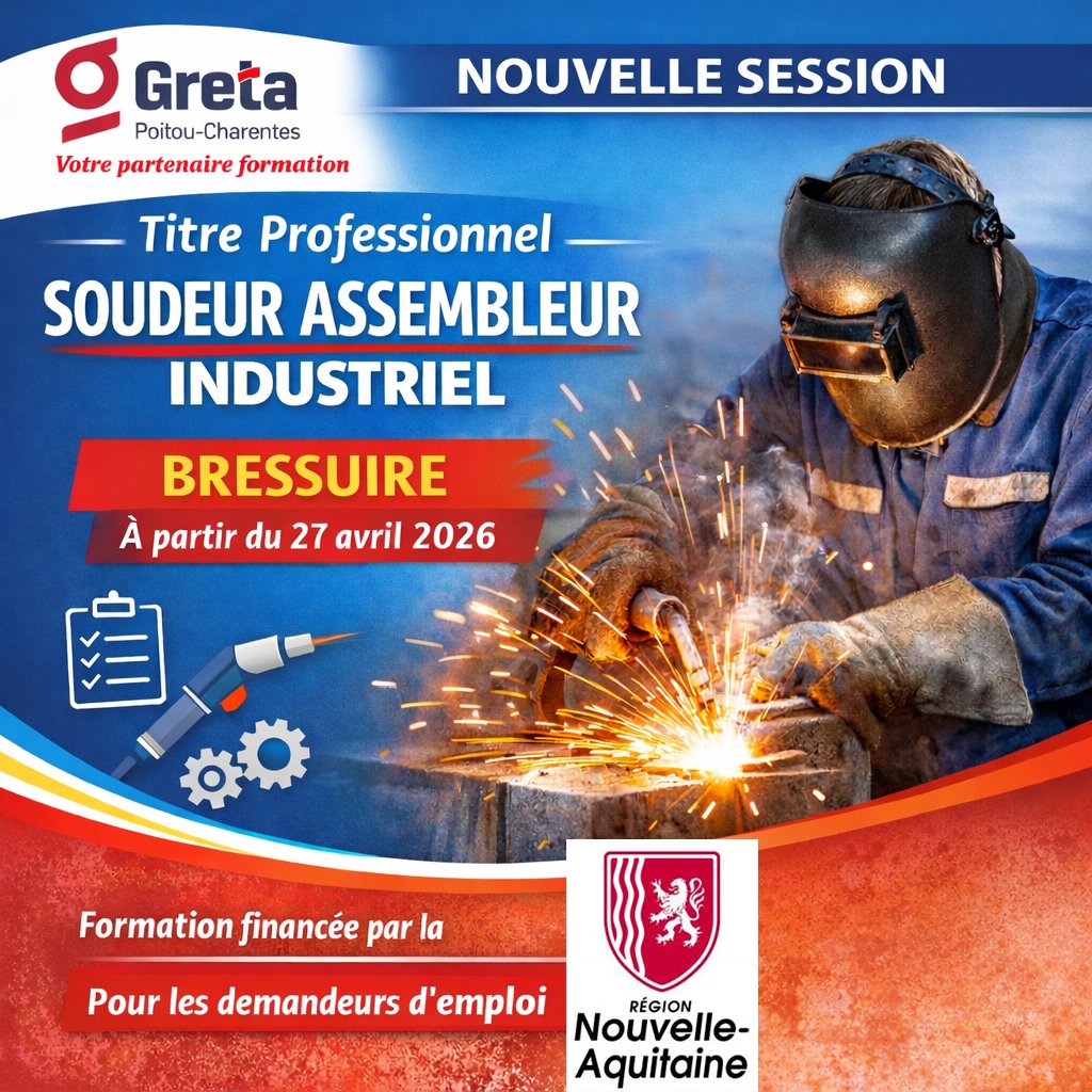 🔥 TP Soudeur Assembleur Industriel
📍 Bressuire
📅 27 avril 2026
Formation financée par la <a href="/RANouvAquitaine/">Région académique Nouvelle-Aquitaine</a> pour les demandeurs d’emploi.
Un métier recherché, une qualification reconnue.
👉 Infos &amp; inscriptions dès maintenant.

#Formation #Soudeur #Industrie #Emploi