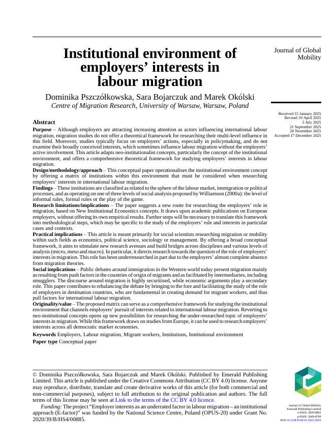 CMR_Warsaw's tweet photo. Interested in studying formal and informal institutions which influence labour migration? Check out this new conceptual paper on the institutional environment delimiting employers’ pursuit of migration-related interests by @dpszczolkowska @SaraBojarczuk #MarekOkólski #Efactor https://t.co/A7bPpV72pO