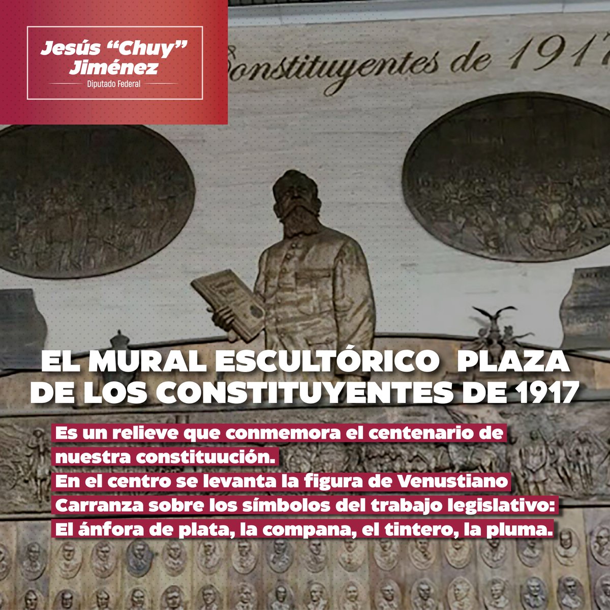 El Mural Escultórico Plaza de los Constituyentes de 1917, inaugurado en 2017 por el Centenario de nuestra #ConstituciónPolítica.
Esta obra de bronce del artista Ricardo Ponzanelli, honra los artículos 3°, 27 y 123 y a los 219 constituyentes que firmaron la Carta Magna.