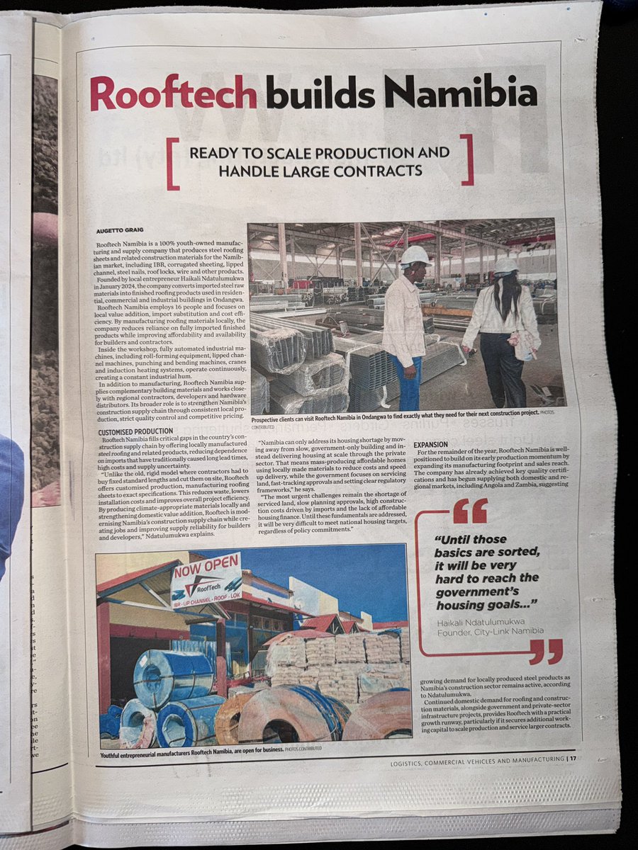 NdatuHaikali's tweet photo. Thank you The Sun for highlighting our journey, showcasing how @RoofTech_Nam and @CityLink_buses are contributing to Namibia’s industrial growth and connectivity. 🎉👏🏾 https://t.co/zVUWyOwapw