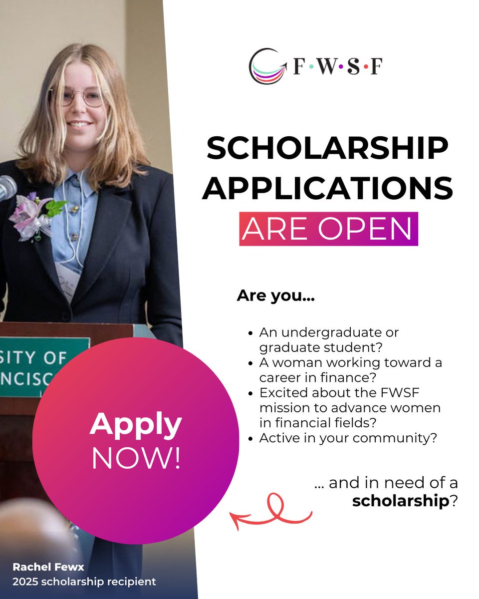 You know that little girl who dreams of becoming a forensic accountant? We have a scholarship for her! Just ask 2025 recipient Rachel.

If you dream of a career in finance/ related fields, we want to meet you! Scholarship applications are open thru 3/19.

financialwomensf.org/scholarships/