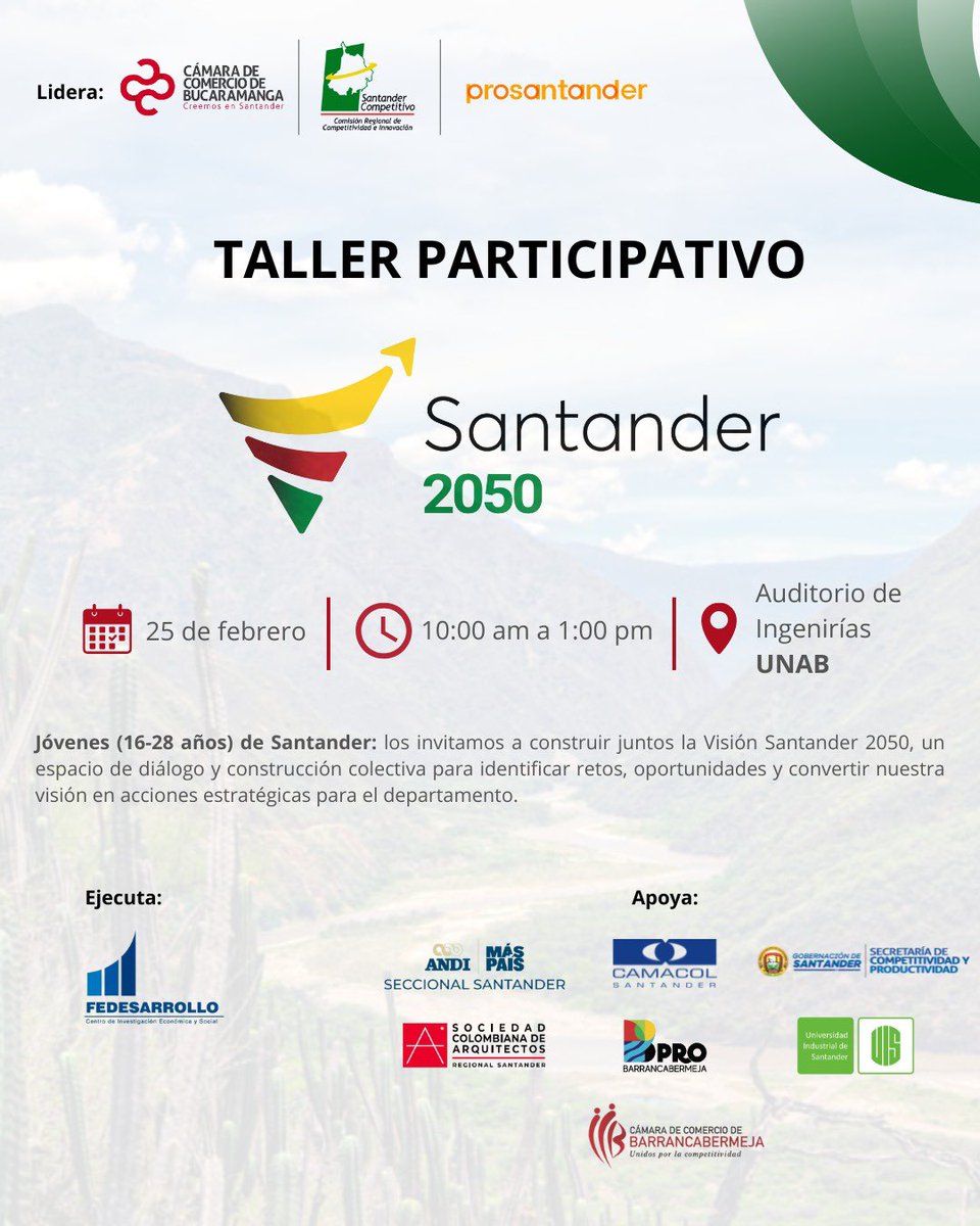 Desde Visión Santander 2050 te invitamos a un taller presencial de construcción colectiva para identificar retos y oportunidades del departamento y aportar a acciones estratégicas de corto, mediano y largo plazo.

Inscríbete aquí: forms.office.com/r/UgCj5SyUJY
Cupos limitados.
