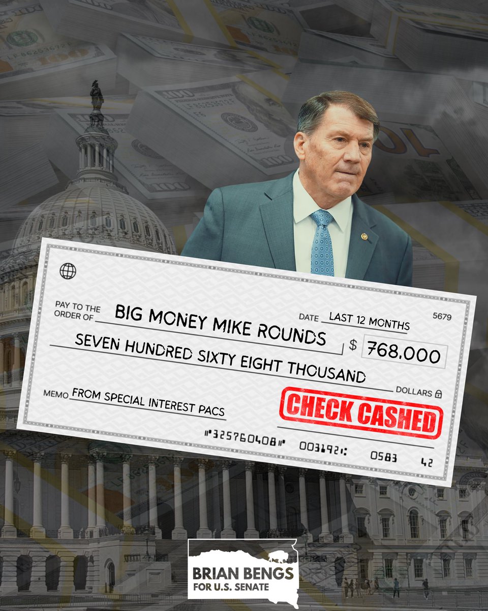 BrianBengs's tweet photo. Mike Rounds has taken millions from Wall Street, Big Tech, and corporate PACs, so it’s no surprise he votes like it. I don’t take corporate PAC money, and when I’m Senator I’ll put South Dakota ahead of special interests. https://t.co/k0ovoUAUOW