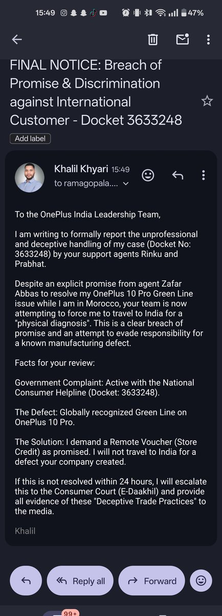 KhalilKhyari's tweet image. Wow @OnePlus_IN! Not only did you break your promise, but your leadership is now blocking my emails (Ramagopala/Escalation) to avoid my govt complaint 3633248. Is this how a 'global' brand behaves? #OnePlusScam #GreenLine #ConsumerRights @oneplus @beebomco @MKBHD @OnePlus_Support
