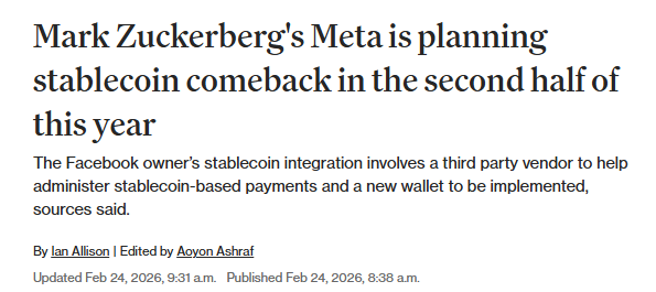 1CrypticPoet's tweet photo. JUST IN: @Meta is reportedly preparing a stablecoin payments rollout, with @stripe cited as a potential pilot partner.

Stripe already runs USDC rails on @base.
I’m not saying…I’m just saying. https://t.co/Mw7AT2LNrJ