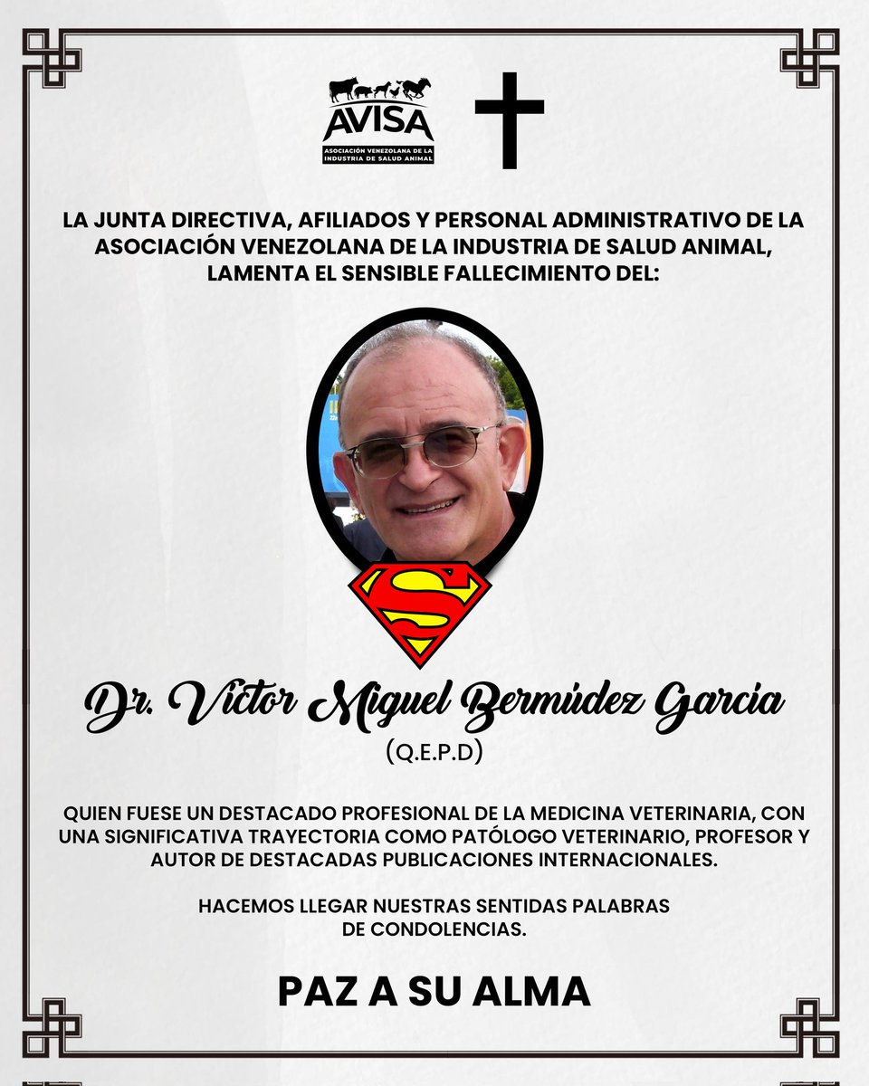 AVISA expresa su pesar por la partida del Dr. Victor Bermúdez, destacados médico veterinario, referente de la patología veterinaria y un académico muy apreciado en el sector.

Extendemos nuestras palabras de condolencias a sus familiares, amigos y allegados.

Paz a su alma.