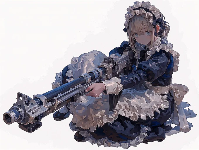 #晴天アポカリプス バトラー型シンカロン(Think alone, 汎用人型アンドロイド) お屋敷防衛用オートキャノン「ソクタツ」 カートリッジ式の弾薬交換システムを採用しており,多種多様な弾薬が使用可能. 本来は非致死性弾薬のみの対応の筈だったが,偶然規格が一致した炸裂弾も使用可能だった.