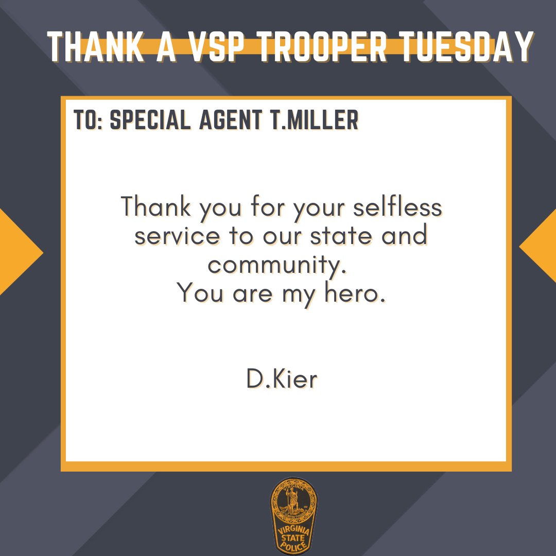 VSPPIO's tweet photo. 💙🚔 Thank a Trooper Tuesday 🚔💙
On Thank a Trooper Tuesday, we share your messages of gratitude for our troopers. Take a moment to read some of the recent messages and show your appreciation by sending one of your own!
➡️https://t.co/eSvmXiqFGX
#ThankaVSPTrooper #VaStatePolice https://t.co/lSMopqWgT1