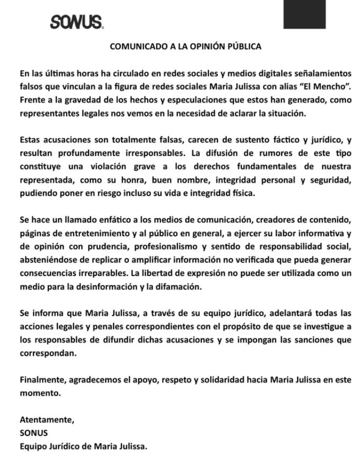 🚨La noticia es FALSA 
María Julissa NO tiene vínculo alguno con “El Mencho”. Todo se basa en fotos manipuladas con IA y rumores sin fundamento.  Comunicado oficial de su equipo jurídico (SOVUS)
Se aconseja que se reporten las cuentas que se aprovechen de esta situación.