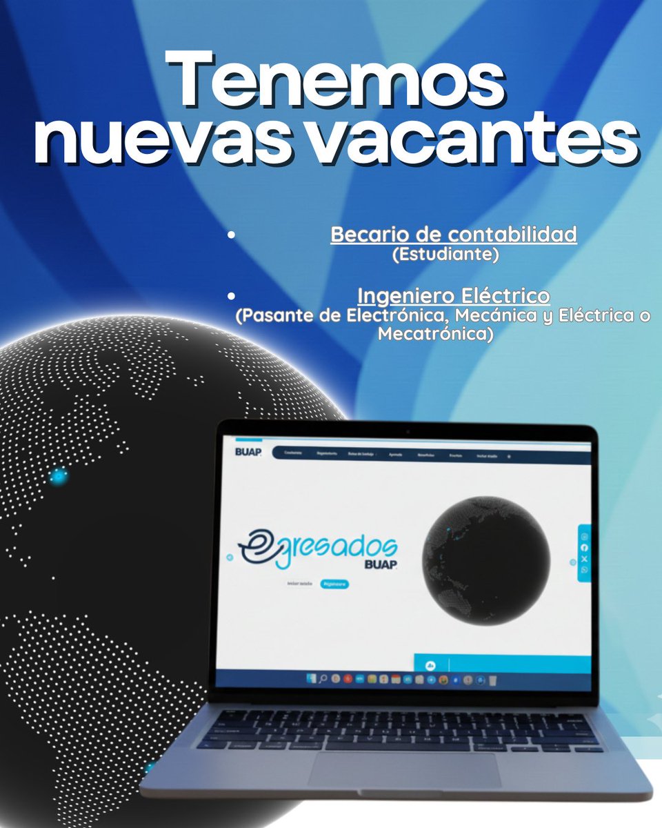 📢 Atención Estudiante y Egresado pasante❗️

Estas opciones laborales son para ti.

💻 egresados.buap.mx