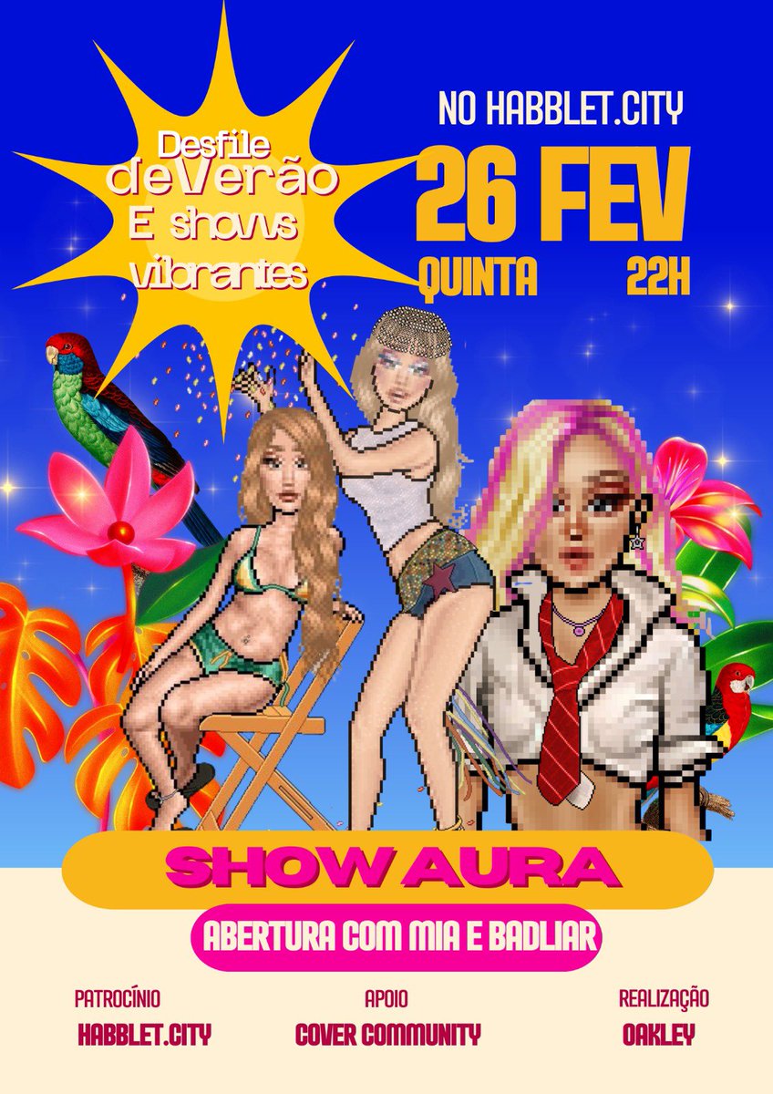 Día 26/02 no <a href="/MeuHabblet/">Habblet</a> (habblet.city) acontecerá o desfile de verão OakleyXCovercommunity com participação das cantoras Mia (<a href="/habmilena/">MIA</a>) e Badliar (<a href="/habbliar/">Liar</a>) que abrirão a noite com um show deslumbrante e logo em seguida o Show principal da cantora Aura (<a href="/habbaura/">AURA ✪</a>)