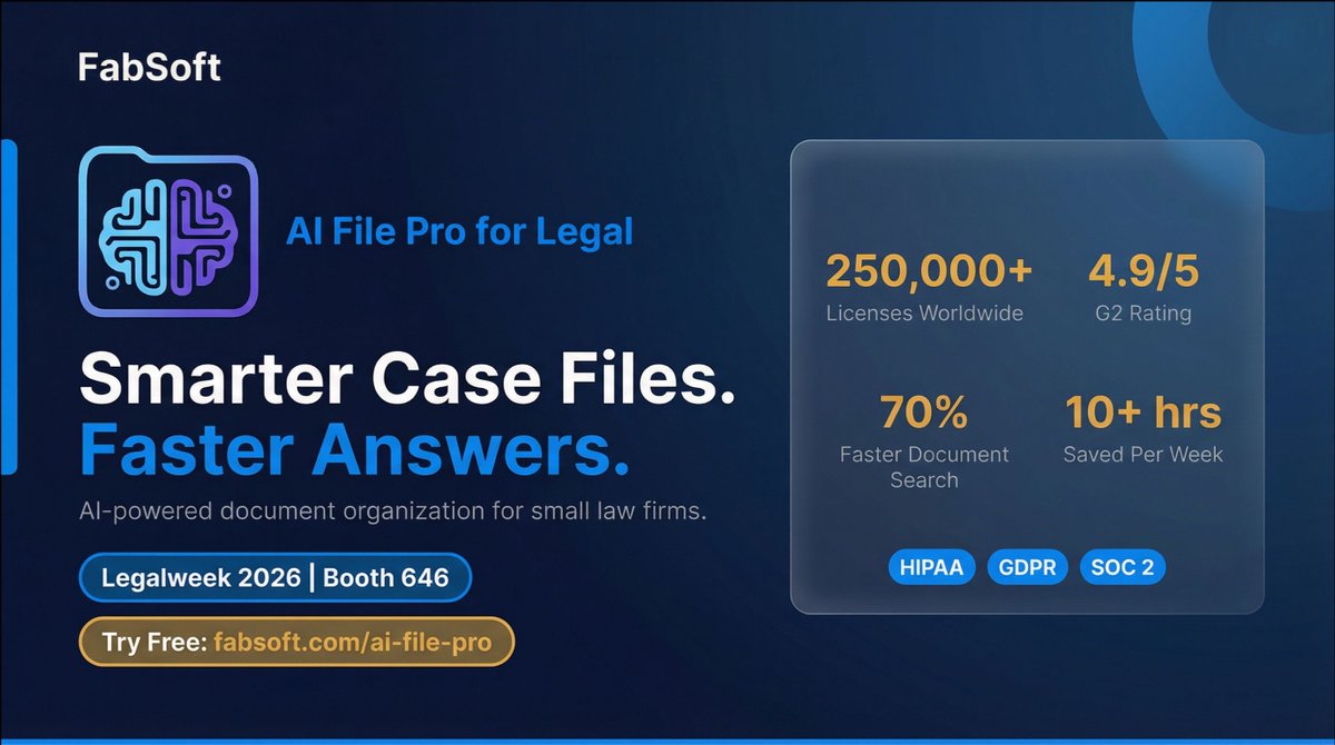 theedgeroom's tweet photo. AI File Pro by @FabSoftTech: The Proven AI-Powered App Helping Small Law Firms Organize, Search, and Monetize Their Case Files @LegalweekShow #Legalweek2026 https://t.co/n3uP2sCpbJ https://t.co/E9len8Zcc5