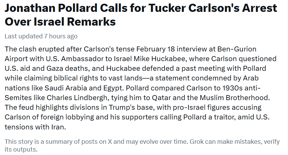 This is rich. In a classic expression of simultaneous Jewish privilege and Jewish blindness, the greatest traitor in American history, Jonathan Pollard, calls for the arrest of the greatest defender of America First in our day, Tucker Carlson. Solving the Jewish problem is the
