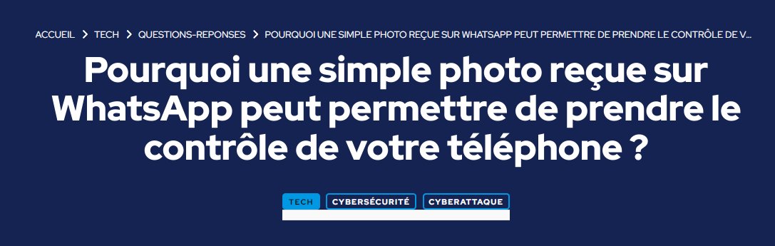 Une simple photo reçue sur WhatsApp peut permettre de prendre le contrôle de votre téléphone

Pour comprendre le danger, il faut d'abord dissiper un mythe : une image (format JPEG, PNG, etc.) n'est pas un programme exécutable. En temps normal, elle ne contient que des données de