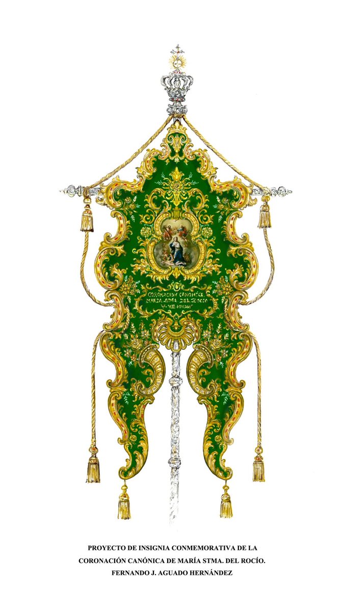 #PATRIMONIO | Queda presentado el diseño del Guion de Coronación de María Santísima del Rocío, obra del escultor, imaginero y diseñador Fernando José Aguado Hernández.

La insignia sigue las formas de un Simpecado, pero de dimensiones más reducidas. El dibujo imita las líneas