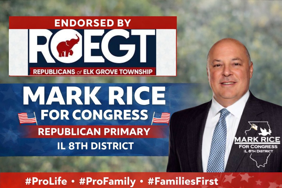 I'm honored to be endorsed by the Republicans of Elk Grove Township.

Together, we’re fighting for pro-life values, strong families, and the return of common-sense leadership in Illinois’ 8th District.

Join us on March 17 and vote Mark Rice for Congress.

#prolife #GOTV