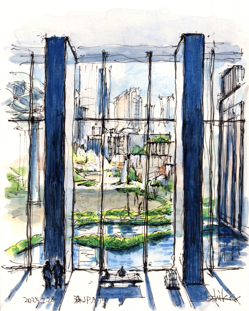 ペン水彩画2月の風景 「東京 麻布台ヒルズ森JPタワー」F0(180x145