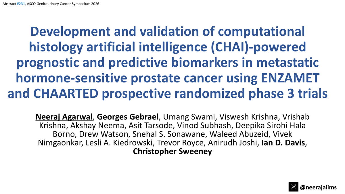 neerajaiims's tweet photo. Ab#231 @ASCO #GU26👉https://t.co/fEeqJMrKVH👉AI-powered digital histology (CHAI) biomarker (BM) in mHSPC #prostatecancer using CHAARTED & ENZAMET👉BM+ status prognostic for⬇️PFS/OS & predicts benefit w/ adding docetaxel or ARPI👇@ChrisSweens1 @OncoAlert @urotoday @PCF_science https://t.co/FcSSZSo6c1