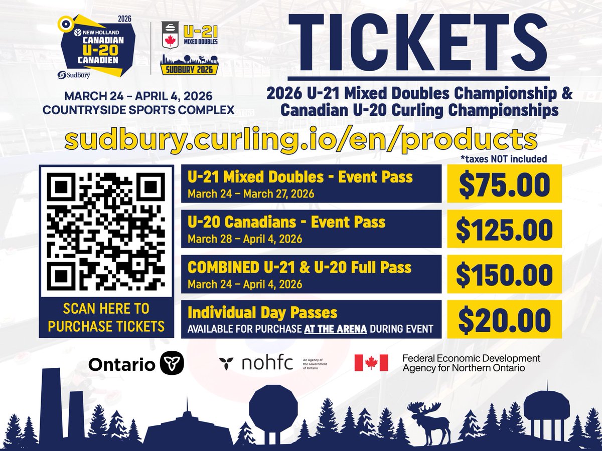 Exactly ONE MONTH AWAY from the start of the U-21 Canadian Mixed Doubles &amp; U-20 Curling Championships! Do you have your tickets!? 🥌🎫

📅 Mar 24 - Apr 4, 2026
📍 Gerry McCrory Countryside Sports Complex
🎫 sudbury.curling.io/en/products  

#U20CC2026 <a href="/ontariosport/">Ontario Sport</a>