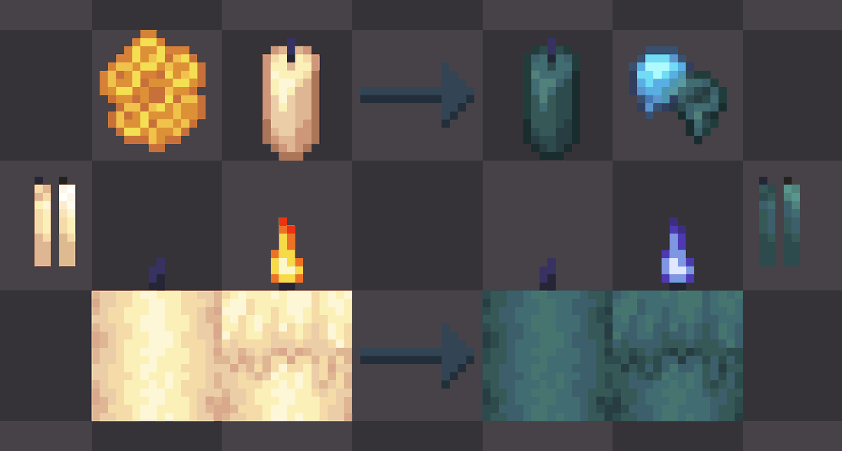 Nopeable_'s tweet photo. Harrowed Candles are a new candle variant craftable with Ectoplasm! They're dimmer than ordinary candles and come in a large variant too. Some say those who linger too long nearby them can hear whispers from beyond the veil…  (Part 2/3)

#minecraft #pixelart https://t.co/W4Qa9Badz3