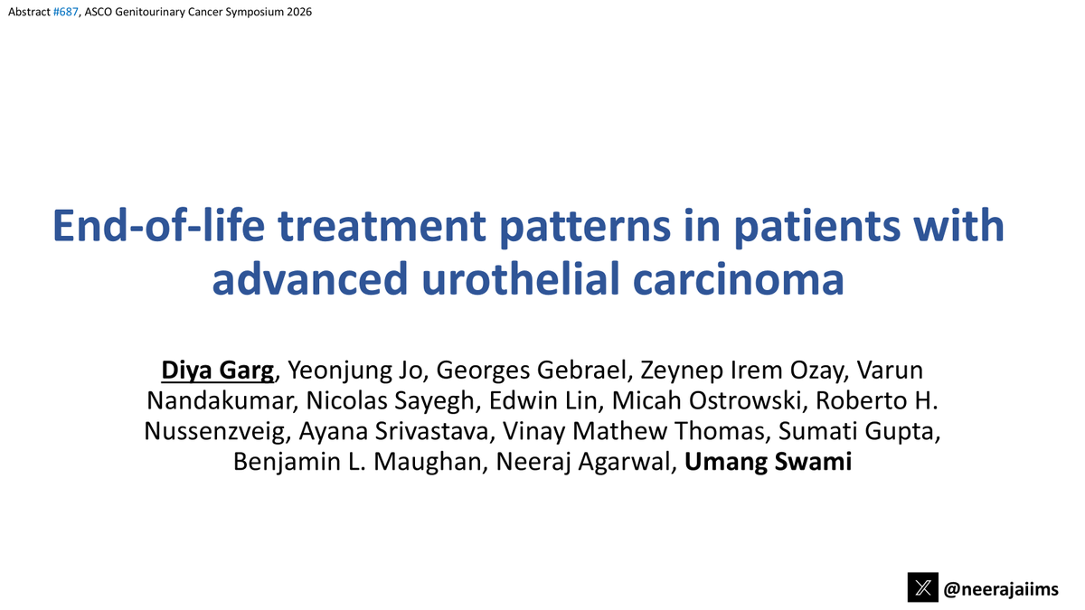neerajaiims's tweet photo. Ab#687 @ASCO #GU26👉Congrats @DiyaSGarg @Huntsman_GU Merit Award @ConquerCancerFd👉https://t.co/a4cjExZ3Jm👉End-of-life Rx data in 7,815 pts w/ aUC #bladdercancer👉67% remained on Rx 3 mo before death👉pts need better EOL care👇@umangtalking @OncoAlert @urotoday @flatironhealth https://t.co/I7Hf8NX59n