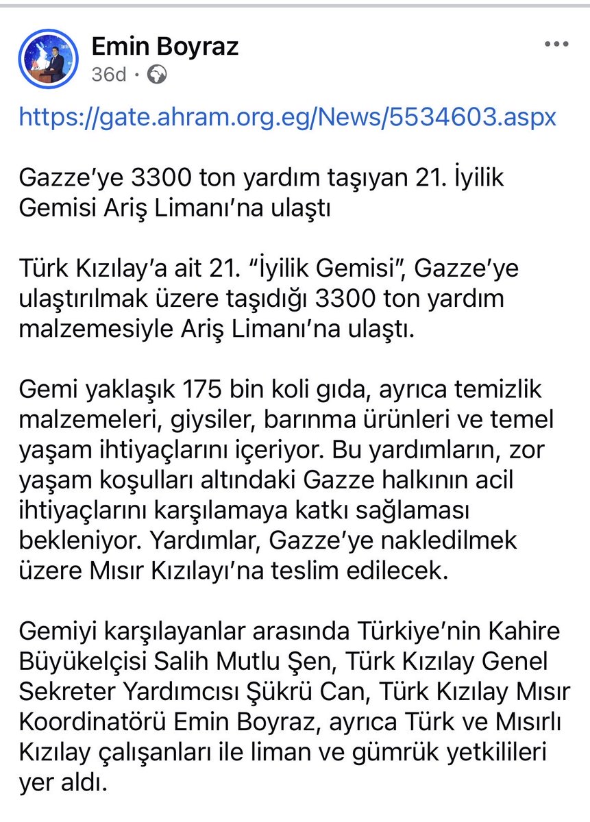 eminboyraz's tweet photo. https://t.co/afUSbp2is8

Türk Kızılay’a ait 21. İyilik Gemisi, Gazze’ye ulaştırılmak üzere taşıdığı 3300 ton yardım malzemesiyle Ariş Limanı’na ulaştı.

#gazze
#gaza https://t.co/oz1VVX44rV